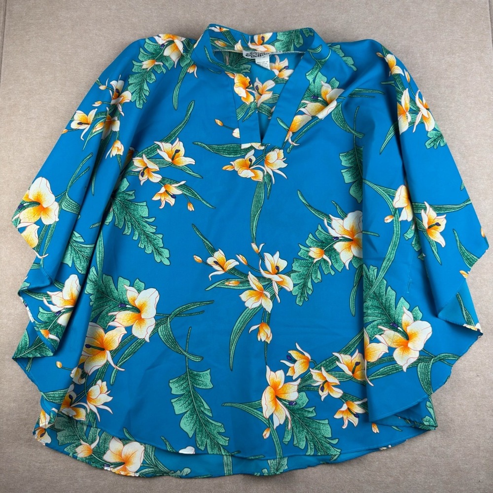 Vintage Hilo Hattie Womens Blue Floral Hawaiian Top Oversized USA Made